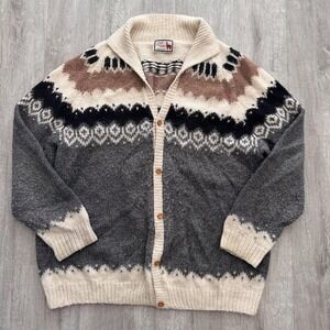Trails Of The Andes Sweater Mens Large Gray Alpaca Shawl Cardigan Peru Fair Isle